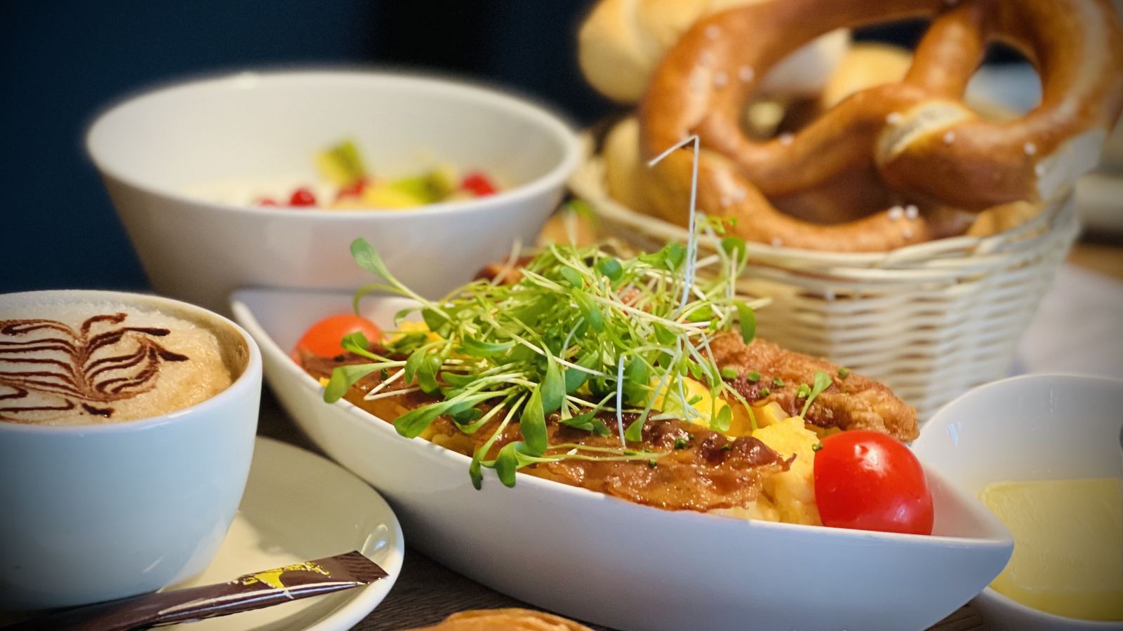 Scrambled eggs with cress, pretzels and cappuccino at Denkbar